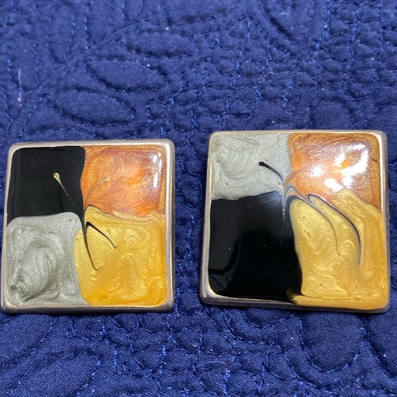 Vintagemetal acrylic paint, square post earrings, black, gold, silver,…